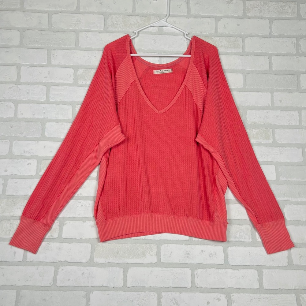 Free People We The Free Coral Pink Waffle Knit Oversized Thermal Top Medium